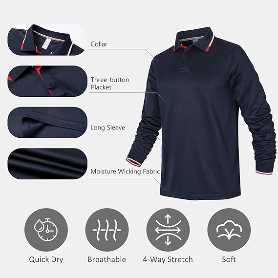 Gaiatiger 3 Pack Mens Polo Shirts Breathable Moisture Wicking Work Polo T Shirts Casual Tops Long Sleeve Golf Shirts Sports Tee