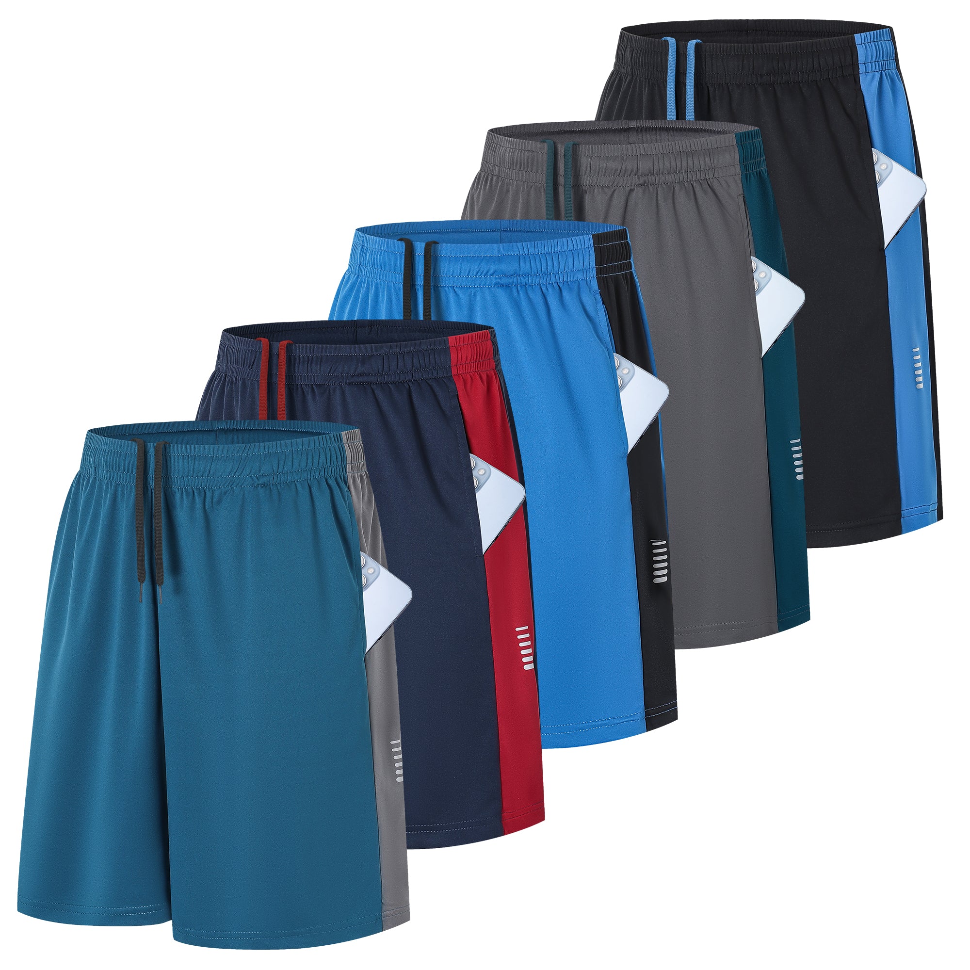 ZENGVEE 5 Pack Men's Gym Shorts with Reflective Stripe Running Quick Dry Breathable Lightweight Training Sports Workout Shorts