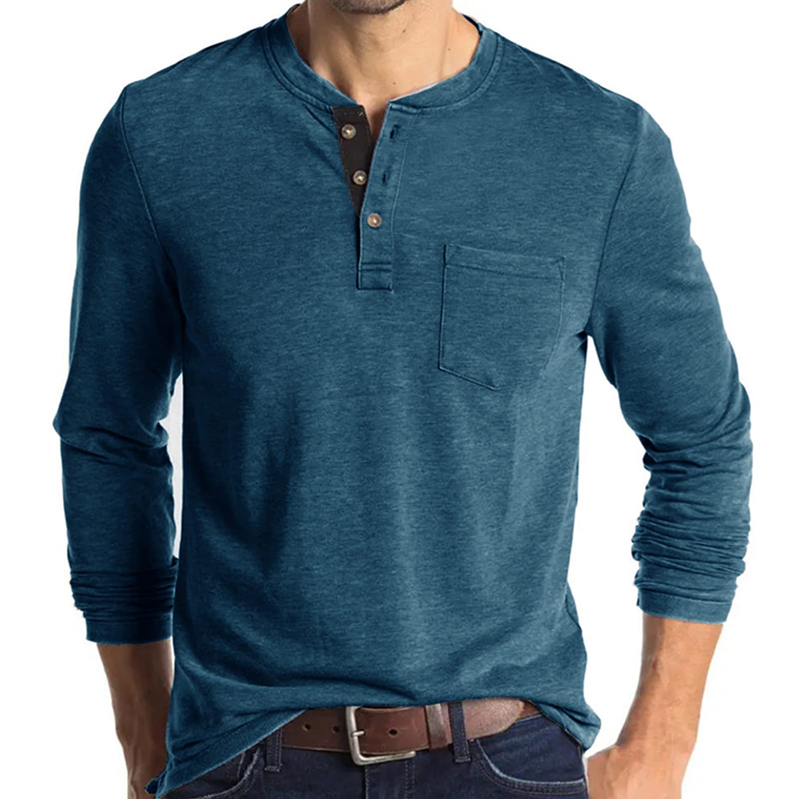 Mens Henley Long Sleeve T Shirt  Casual Fashion Basic Tops