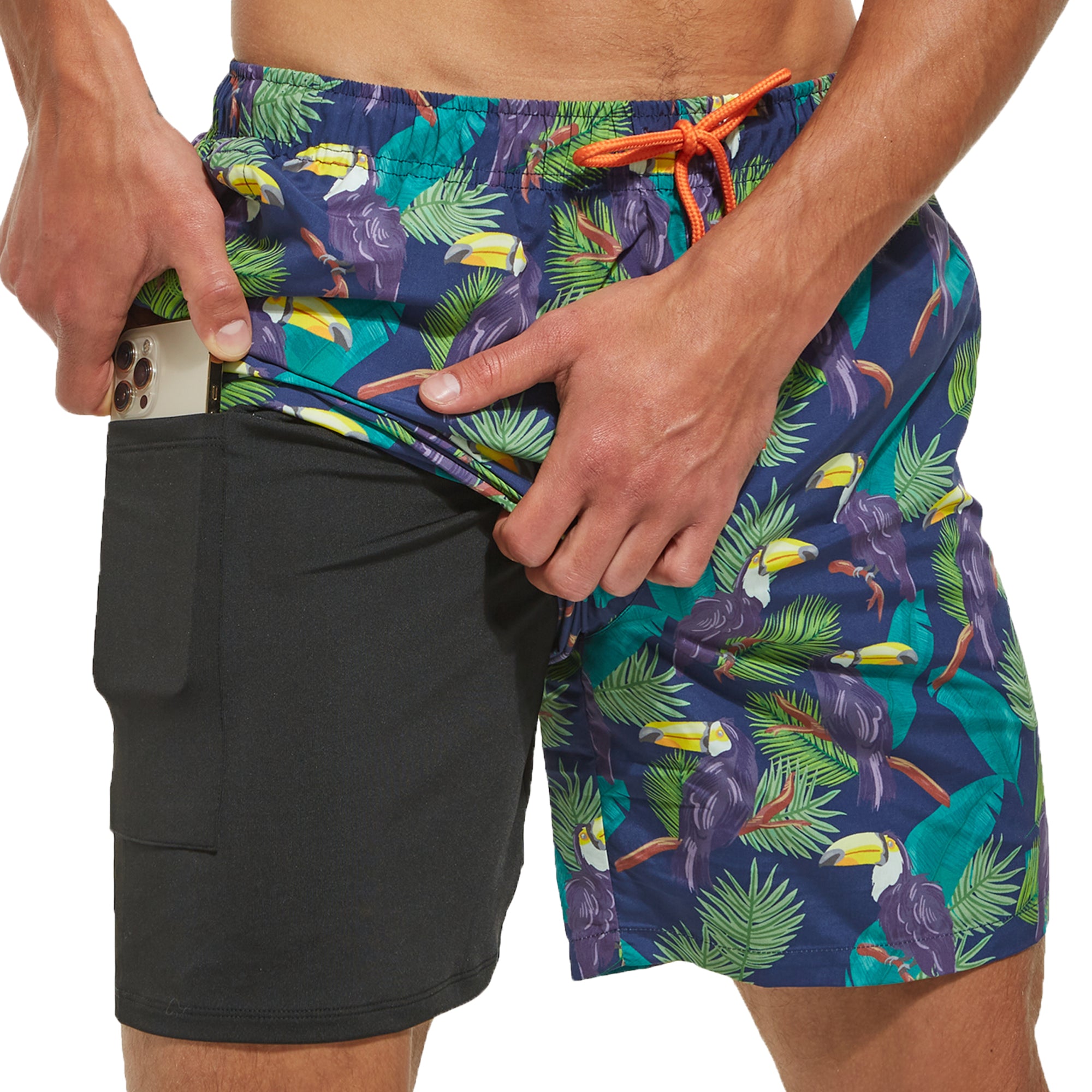 frueo 2 in 1 Swimming Trunks Men with Zipper Pocket Beach Shorts