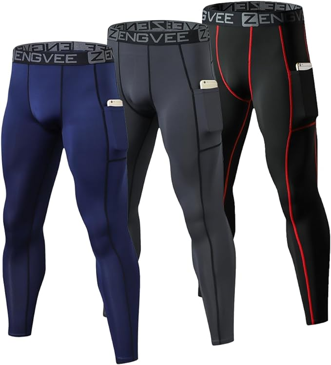 HUAKANG Men's 3 Pack Compression Pants with Pockets