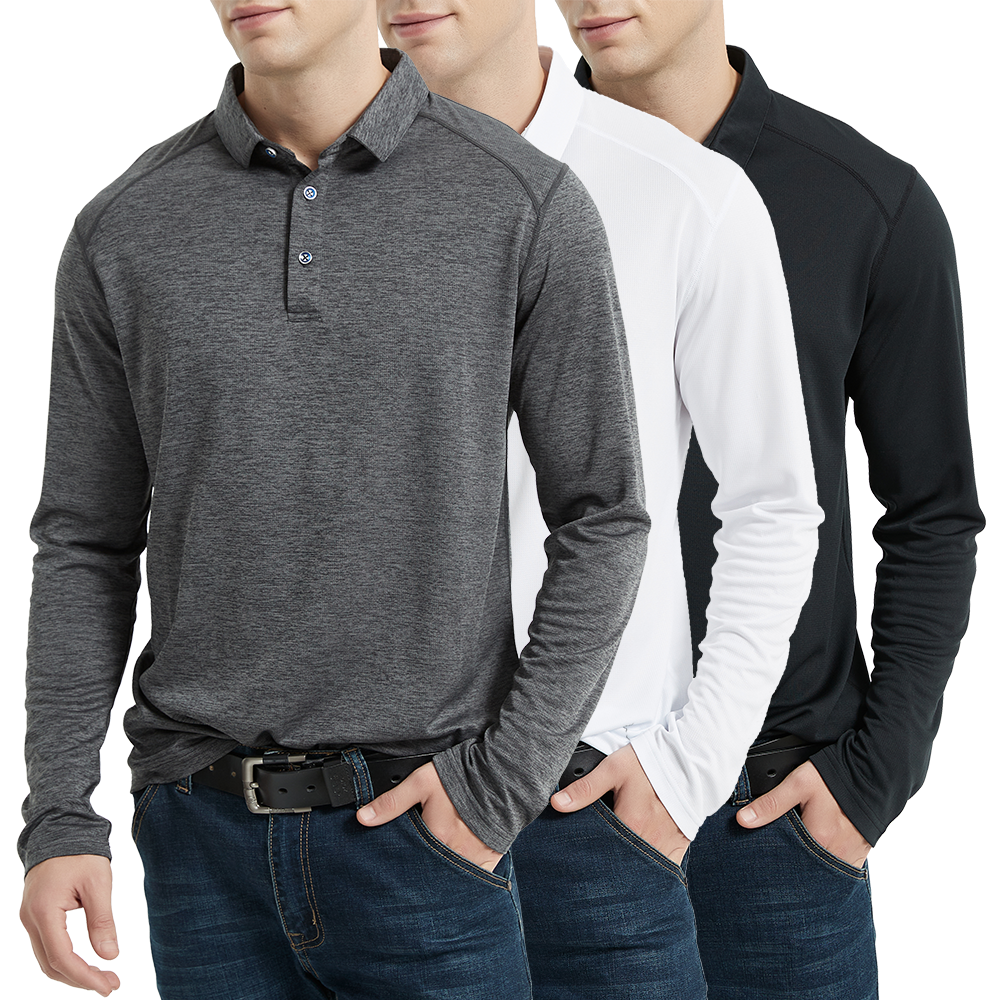 HUAKANG 3Pack Long Sleeve Polo Shirts Mens Golf Polo Shirt