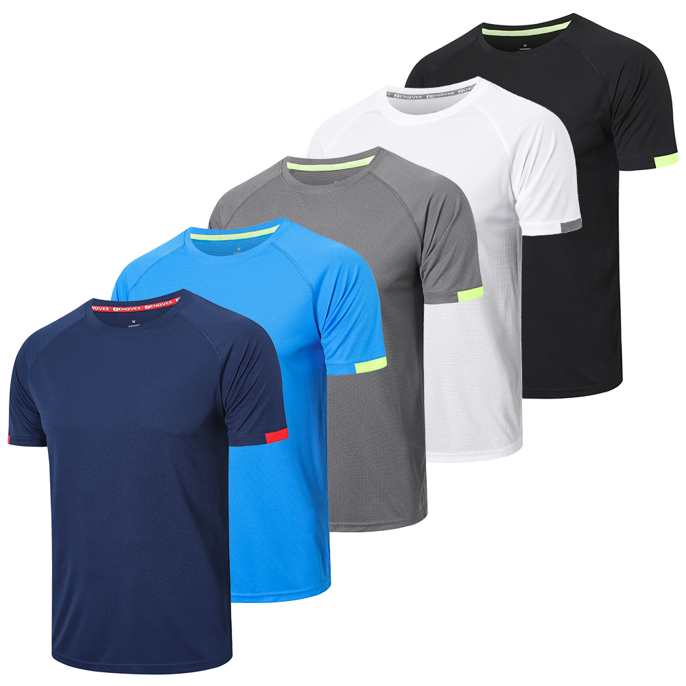 HUAKANG 5 Pack Mens Short Sleeve Crew Neck Gym T Shirt Running Tops Mens