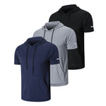 frueo Men's 3 Pack Workout Shirts Short Sleeve Mesh Athletic T-Shirts with Hoods