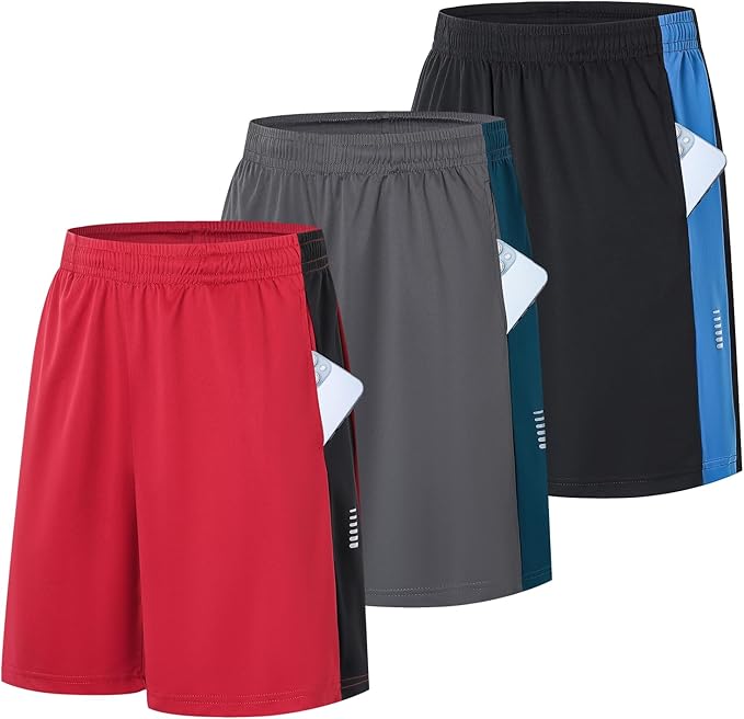 ZENGVEE 3 Pack Men's Running Shorts with Reflective Stripe Sports Quick Dry Breathable Lightweight Training Gym Workout Shorts