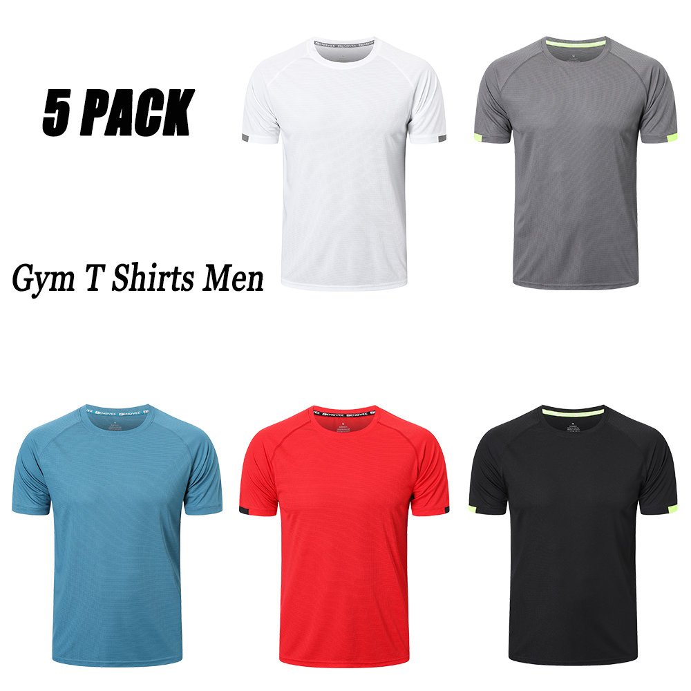 HUAKANG 5 Pack Mens Short Sleeve Crew Neck Gym T Shirt Running Tops Mens