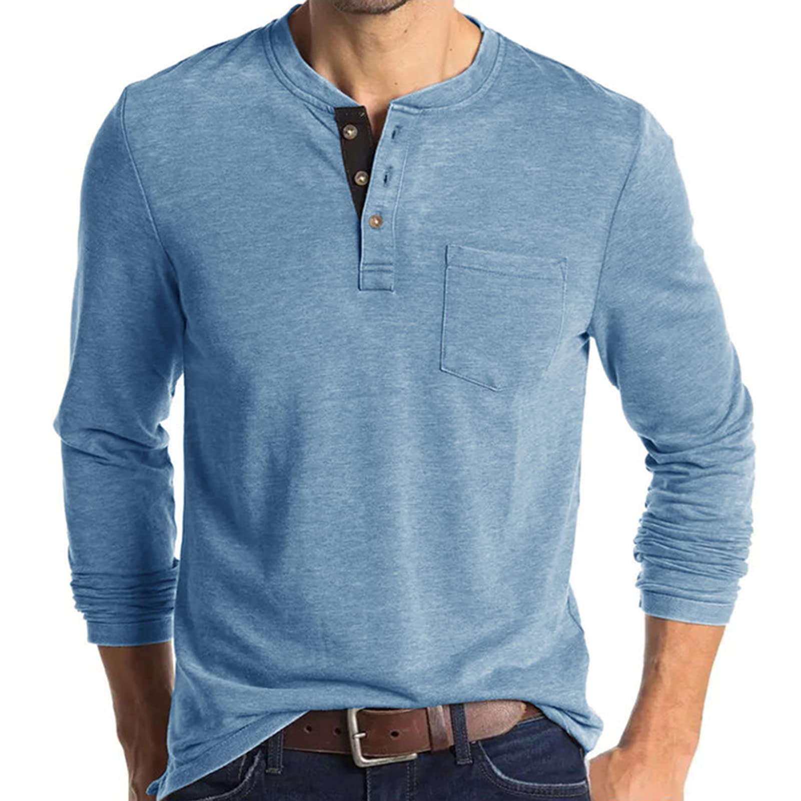 Mens Henley Long Sleeve T Shirt  Casual Fashion Basic Tops