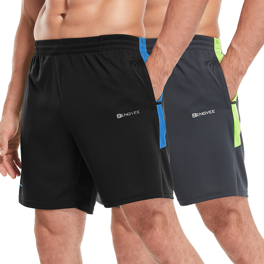 2 Pack Men's Running Shorts Gym Athletic Shorts with Zip Pockets