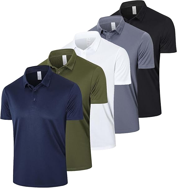 5 Pack Polo Shirts for Men Performance Short Sleeve Golf Moisture Wicking Athletic Collar Tops