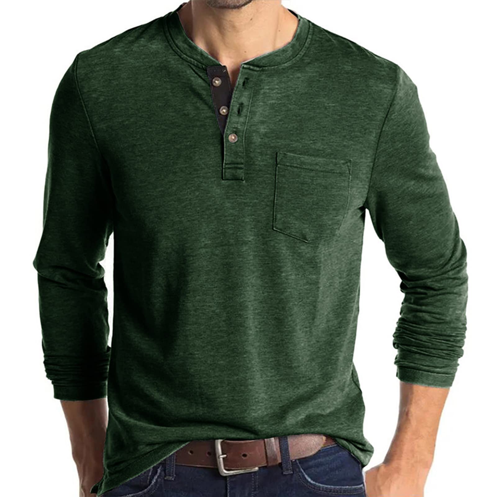 Mens Henley Long Sleeve T Shirt  Casual Fashion Basic Tops